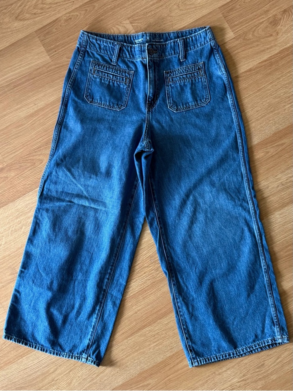Old Navy Baggy,High-Rise,Wide Leg, crop -Blue Jeans-patch pockets- women Sz P 10